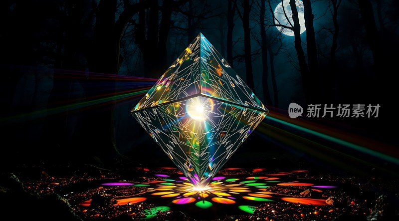神秘夜森林中的多彩光立方