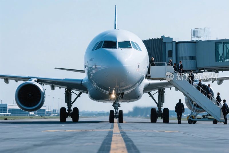 机场停机坪上的飞机与人