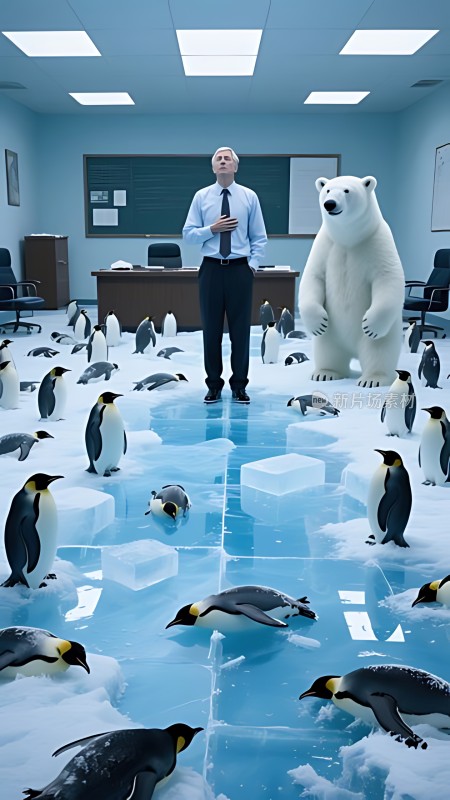 北极熊与企鹅共舞于会议室冰天雪地之间
