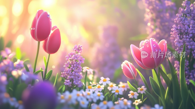 春天春日晨曦中的郁金香小雏菊鲜花