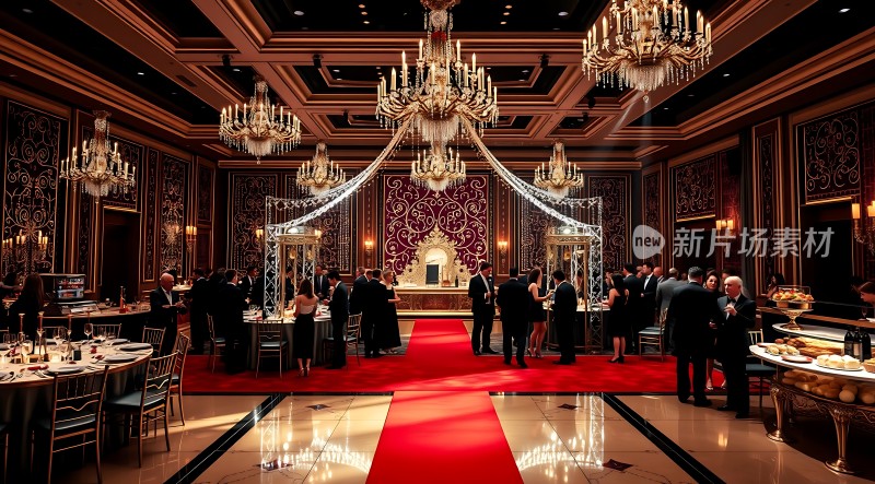 豪华宴会厅红毯铺地吊灯璀璨宾客云集