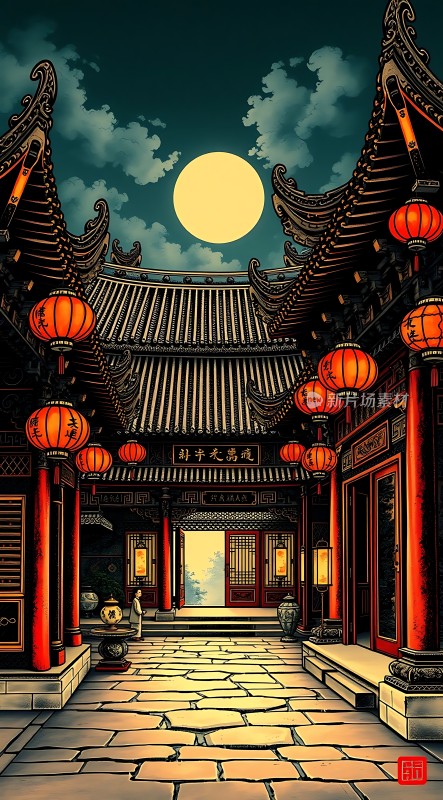 古寺夜月灯笼