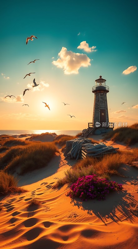 日落灯塔海鸥飞舞