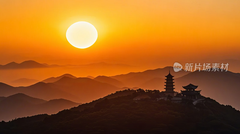 山顶日出古塔剪影自然风景区旅游风光图