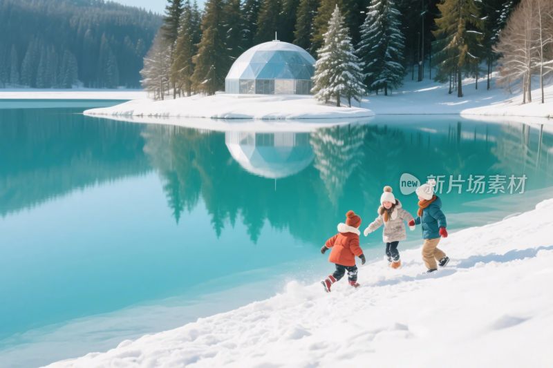 雪地湖畔孩童嬉戏的美好场景