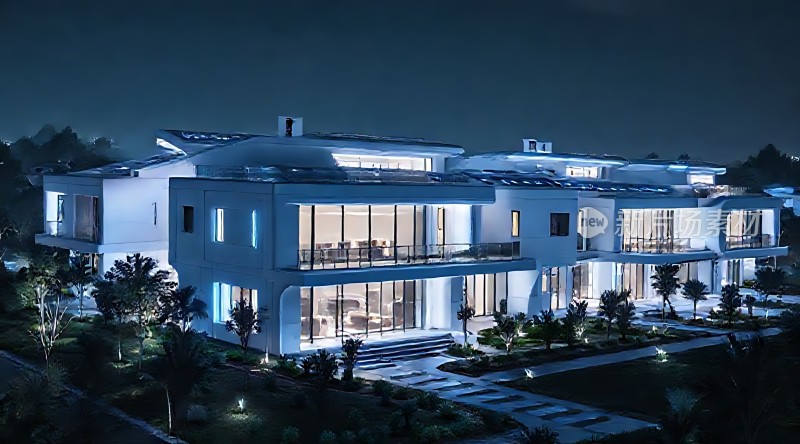 现代别墅夜景灯光璀璨绿意盎然