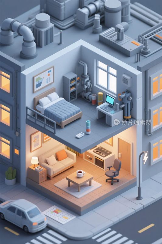 立体风格的室内外场景插画