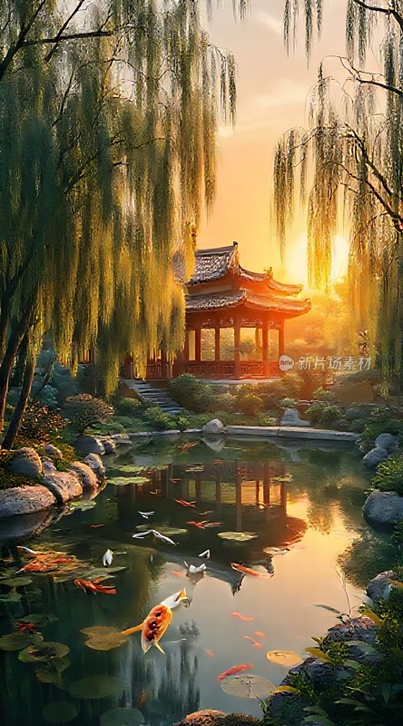 夕阳下的古亭与池塘