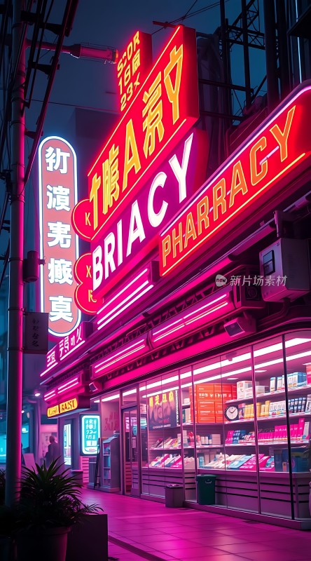 霓虹灯下的繁华街区药店的夜晚魅力