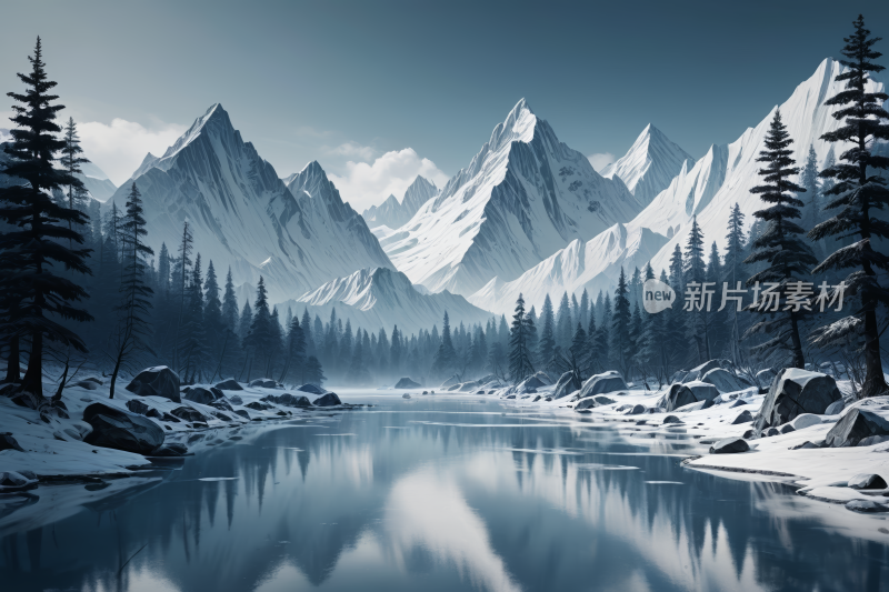 雪山景色河流和树木高清风景插画图片