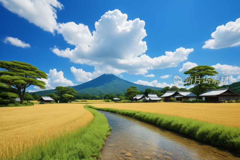 一条小溪流过一片田野一座山高清风景图片