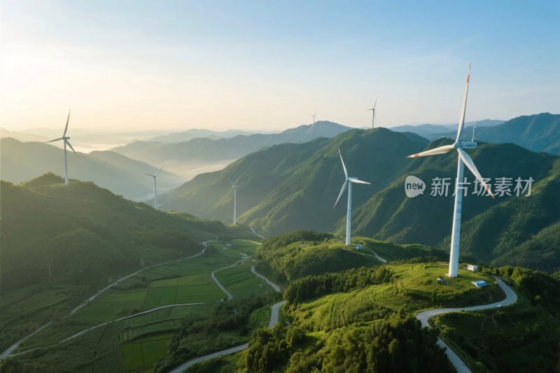 山间风力发电机景观