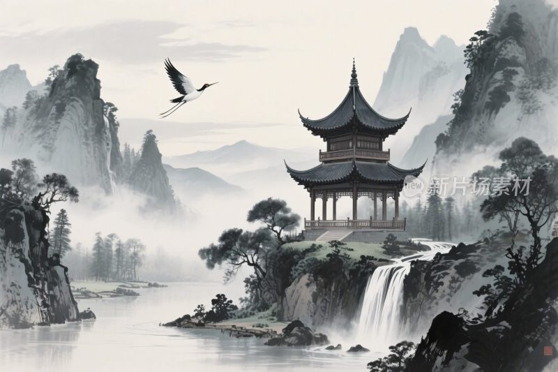 水墨山水古亭插画