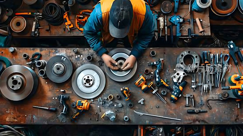 机械师专注工作周围工具环绕