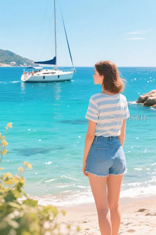 海边少女与游艇