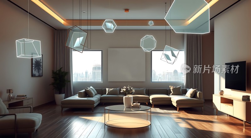 现代客厅设计简约风格自然光线充足家具布局合理吊灯独特