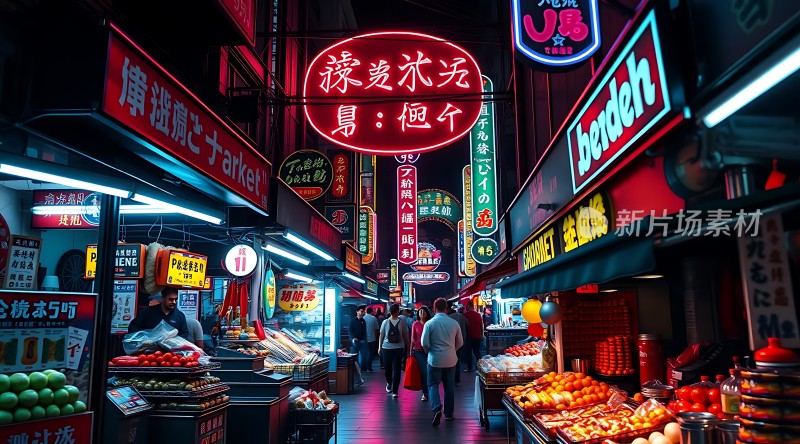 霓虹灯下的繁华夜市