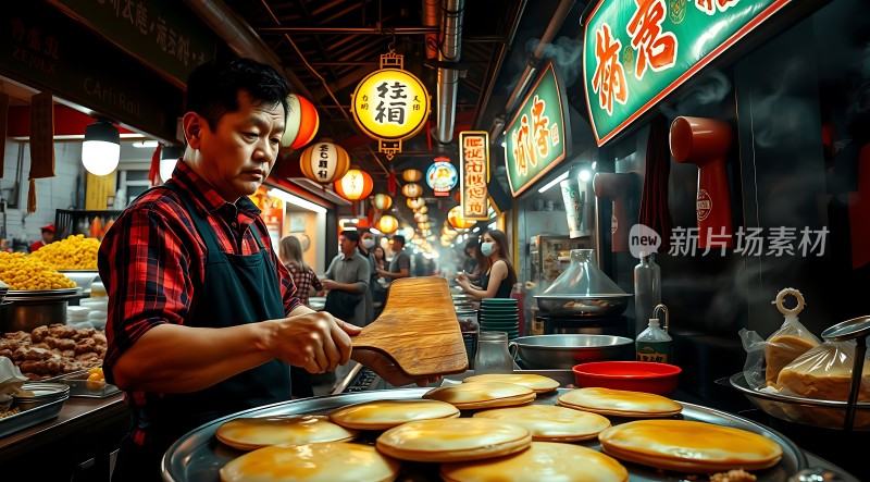 夜市美食街上的煎饼摊主
