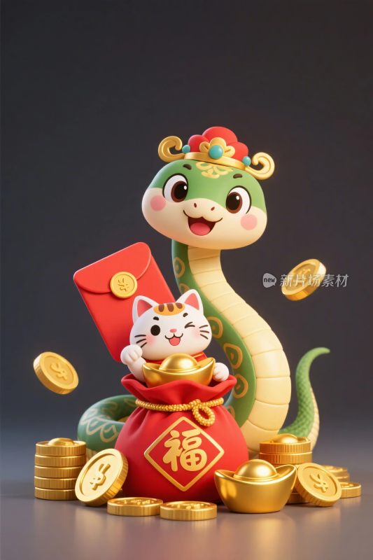 卡通生肖蛇猫喜庆插画