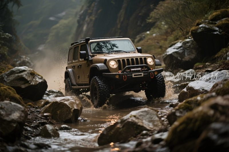 越野车山谷溪流场景