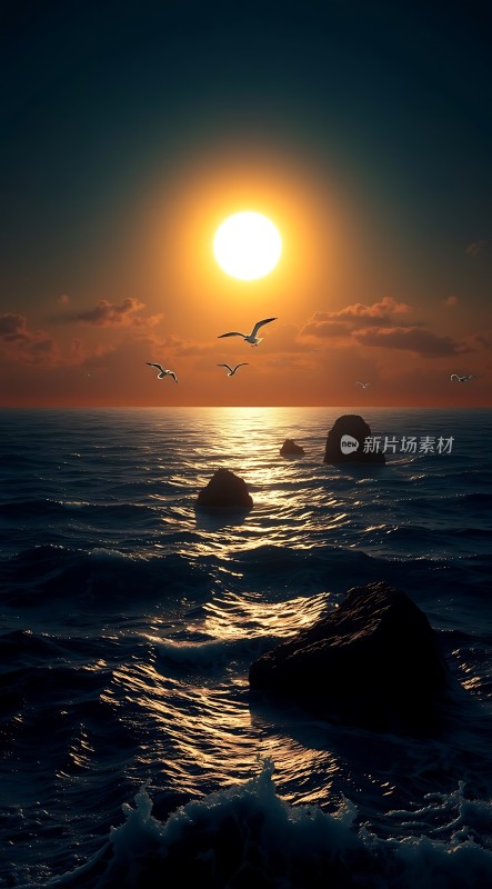 日落海景飞翔的海鸥与波涛汹涌的大海