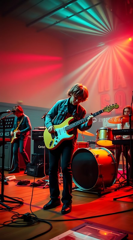 舞台灯光下的乐队演奏现场