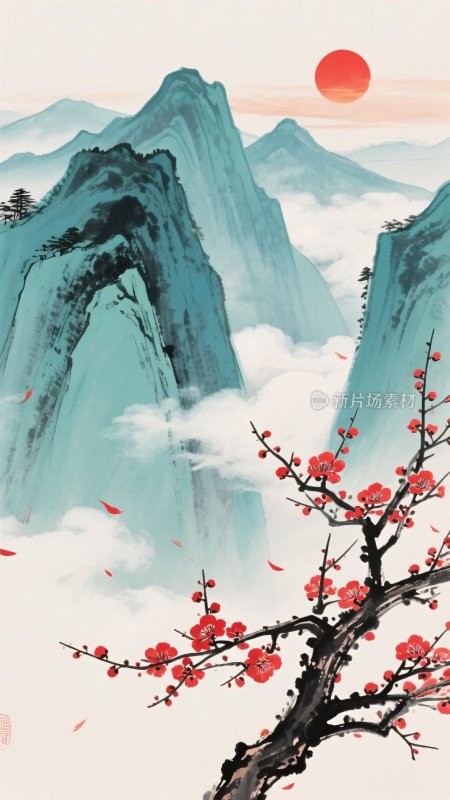 山水间红梅映日国画