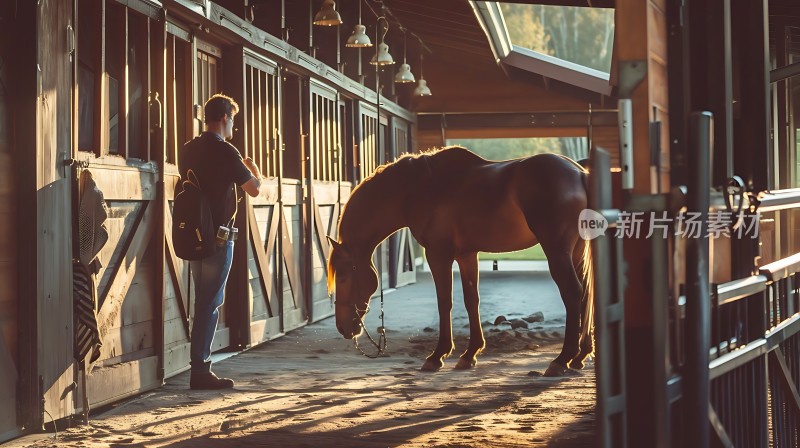 阳光下的马厩里人与马的和谐相处