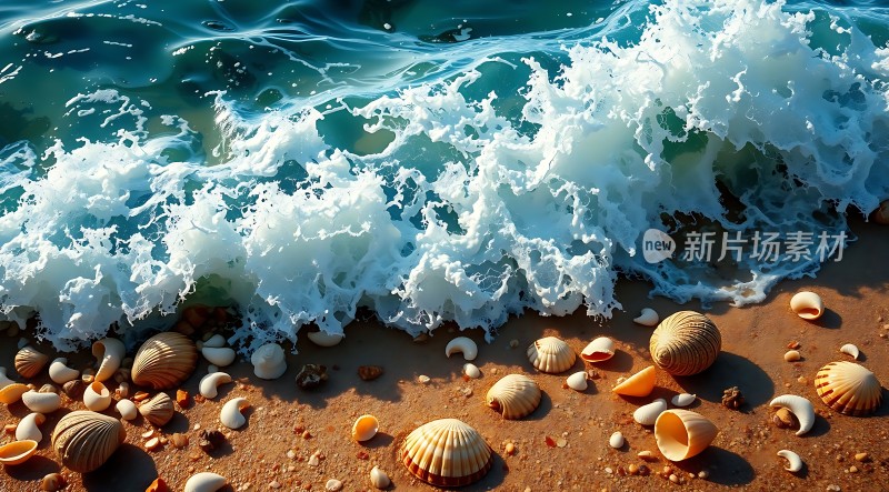 海浪轻拍沙滩贝壳散落阳光下