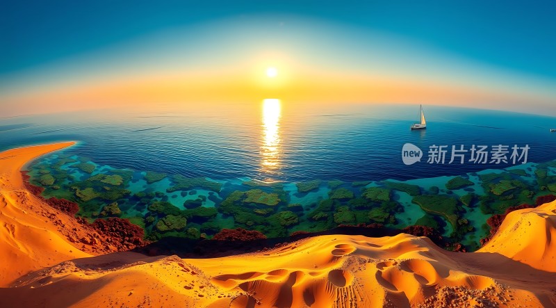 金色沙滩与碧蓝大海日落美景