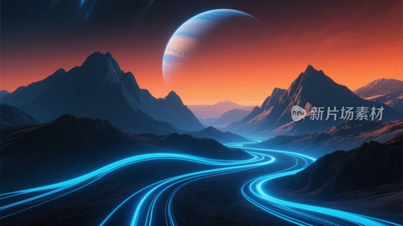 科幻风格的山间霓虹道路景观