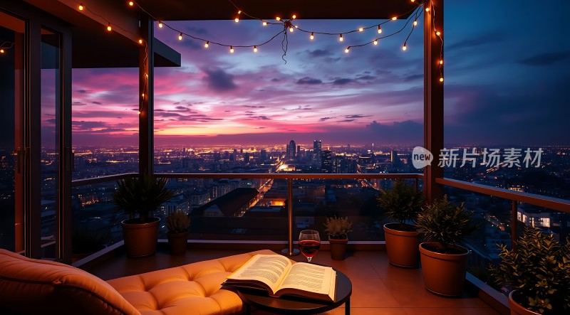 城市夜景下的温馨阳台阅读时光