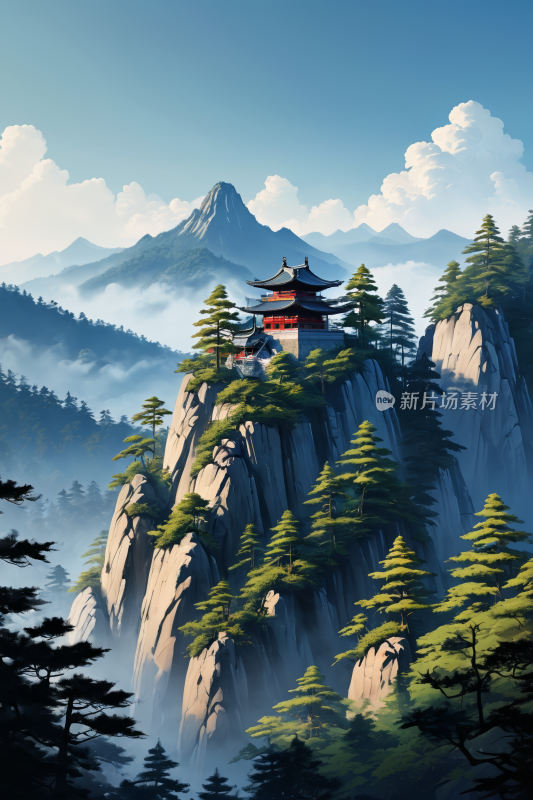 有山山顶有塔高清风景插图片