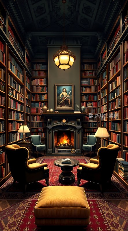 古色古香书房书架、壁炉、吊灯与沙发椅相映成趣