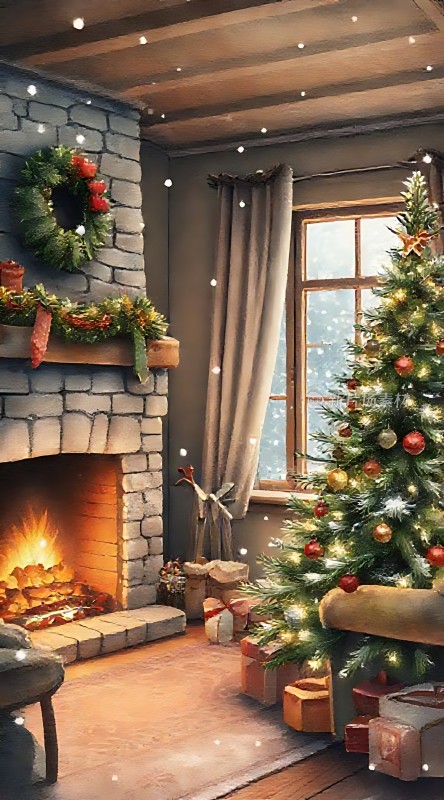 温馨圣诞夜壁炉旁的节日盛宴