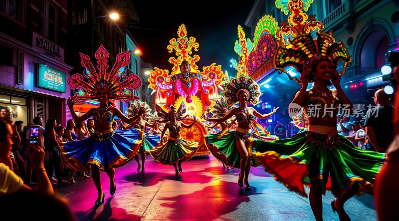 狂欢节之夜霓虹灯光下舞者翩翩起舞