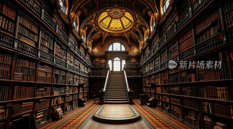 宏伟图书馆书架林立中央楼梯通向天窗