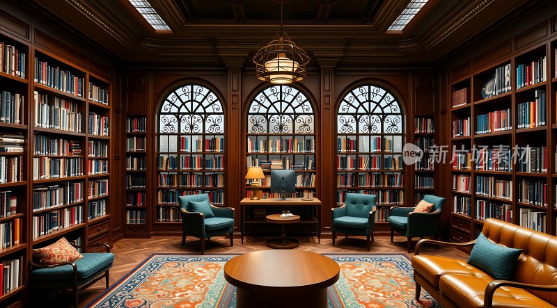 古色古香书房木质书架、蓝色沙发椅和圆形茶几