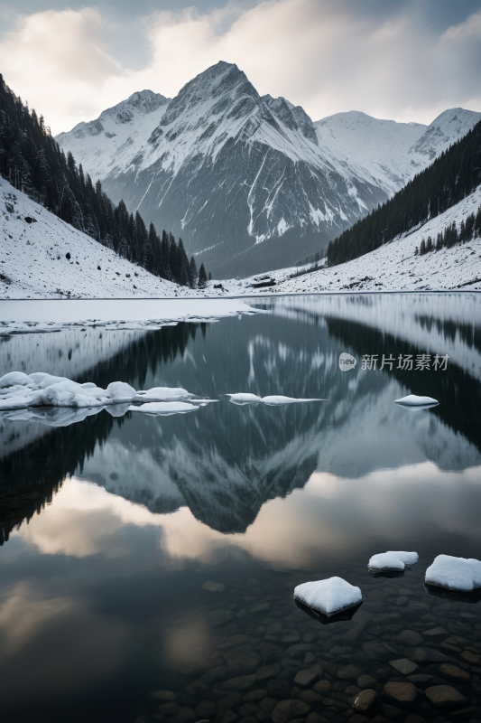 山倒映在雪中的湖水中高清风景图片