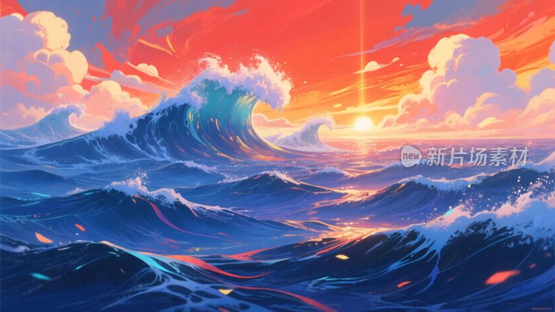 海上日出浪潮插画