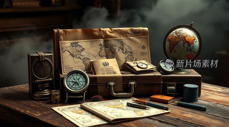 探险家必备工具箱地图、指南针和地球仪