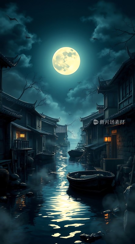 月下古巷静水船