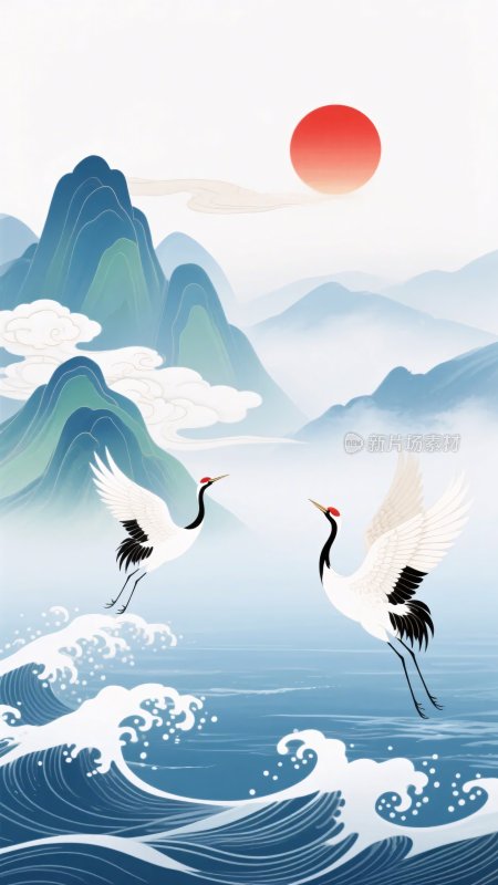 双鹤于山水间伴红日飞翔