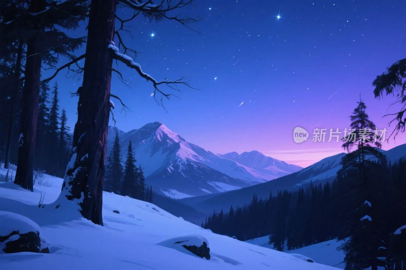 雪山雪景星空插画