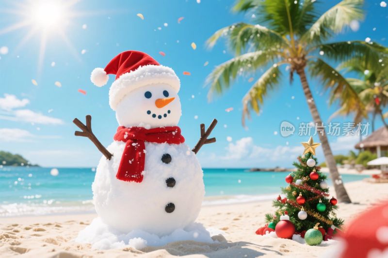 圣诞海滩雪人插画