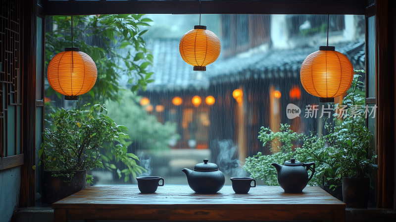 茶8雨中茶室 窗外的雨景