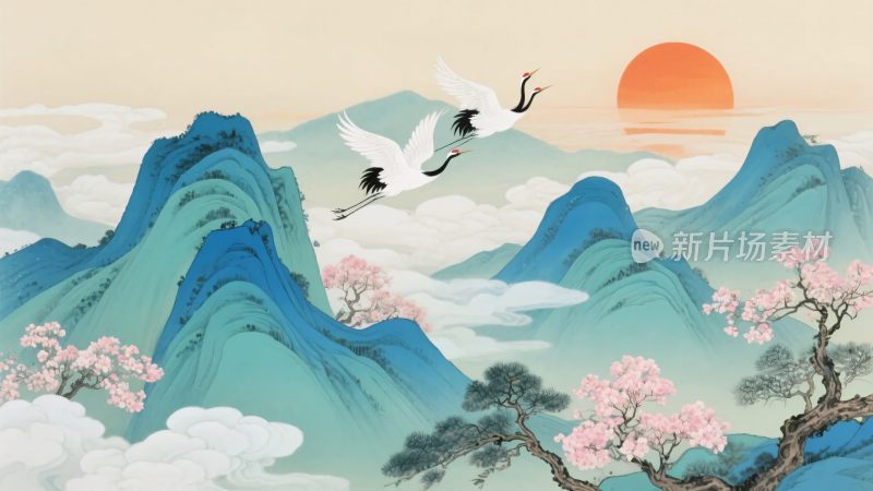 山水间双鹤伴日飞翔图景