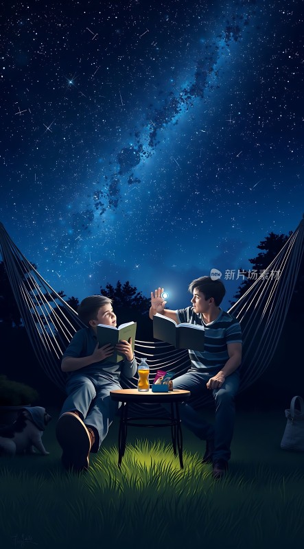 星空下父子共读温馨时刻