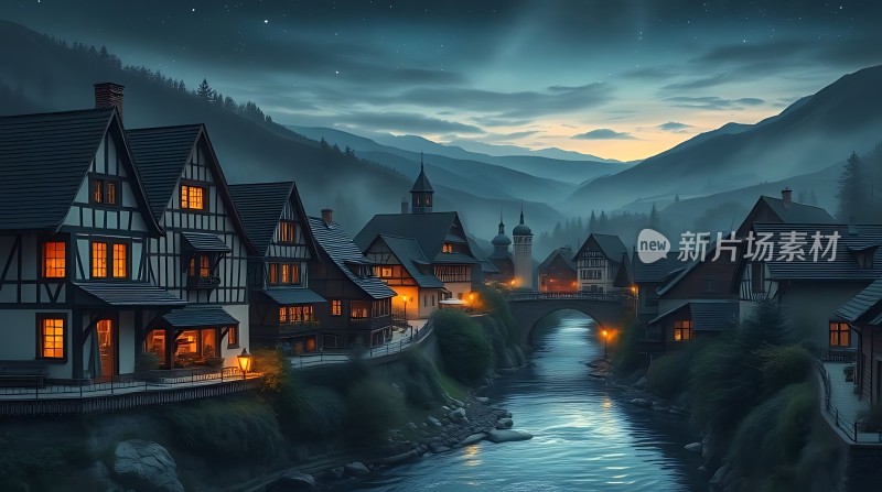 夜幕下的宁静小镇