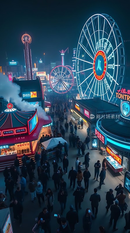 霓虹灯下的摩天轮与繁华夜市